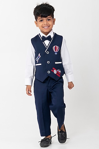 Navy Blue Terry Rayon Embroidered Waistcoat Set For Boys by Partykles