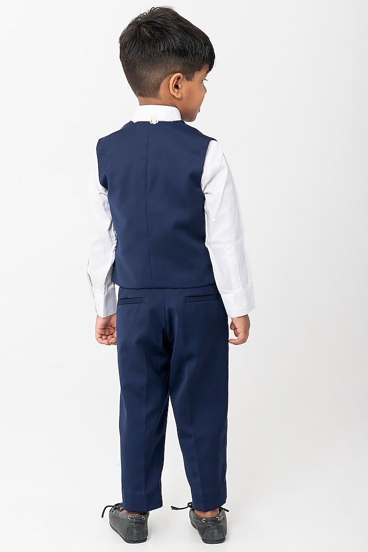 Navy Blue Terry Rayon Embroidered Waistcoat Set For Boys by Partykles at Pernia's Pop Up Shop