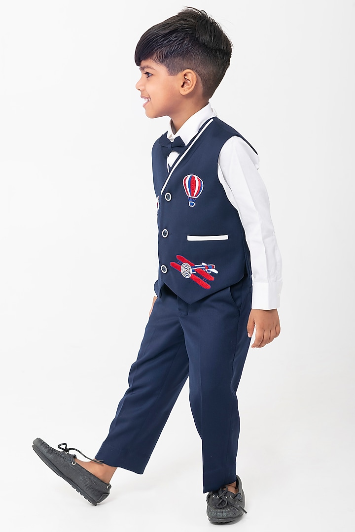 Navy Blue Terry Rayon Embroidered Waistcoat Set For Boys by Partykles at Pernia's Pop Up Shop
