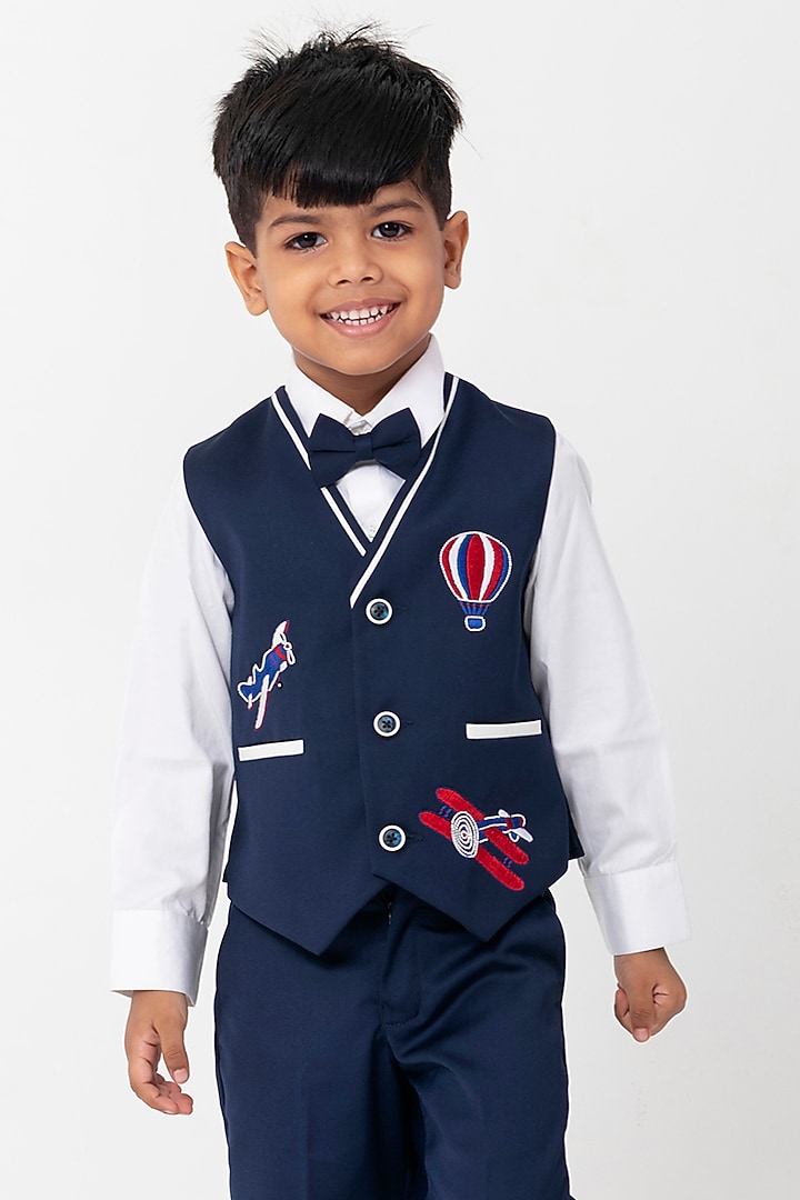 Navy Blue Terry Rayon Embroidered Waistcoat Set For Boys by Partykles at Pernia's Pop Up Shop