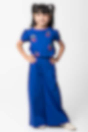 Royal Blue Cotton Satin Embroidered Co-Ord Set For Girls by Partykles at Pernia's Pop Up Shop