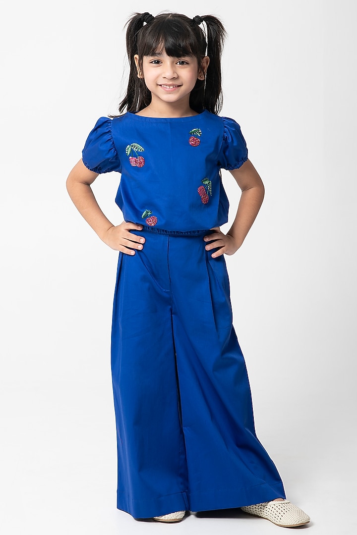 Royal Blue Cotton Satin Embroidered Co-Ord Set For Girls by Partykles at Pernia's Pop Up Shop