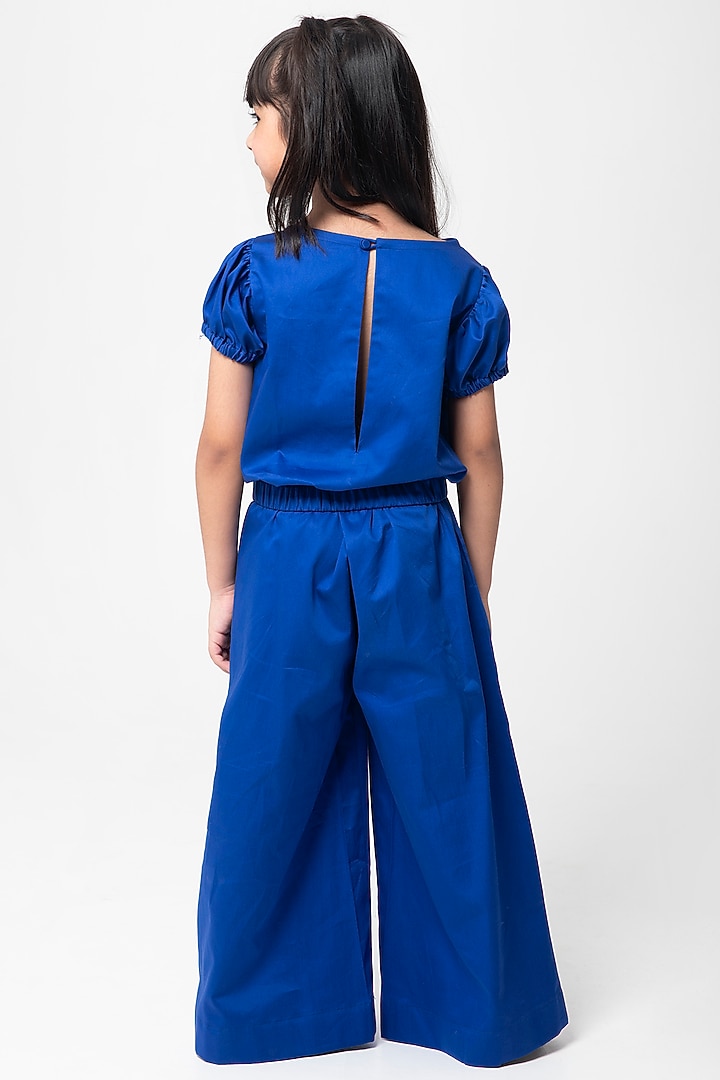 Royal Blue Cotton Satin Embroidered Co-Ord Set For Girls by Partykles at Pernia's Pop Up Shop