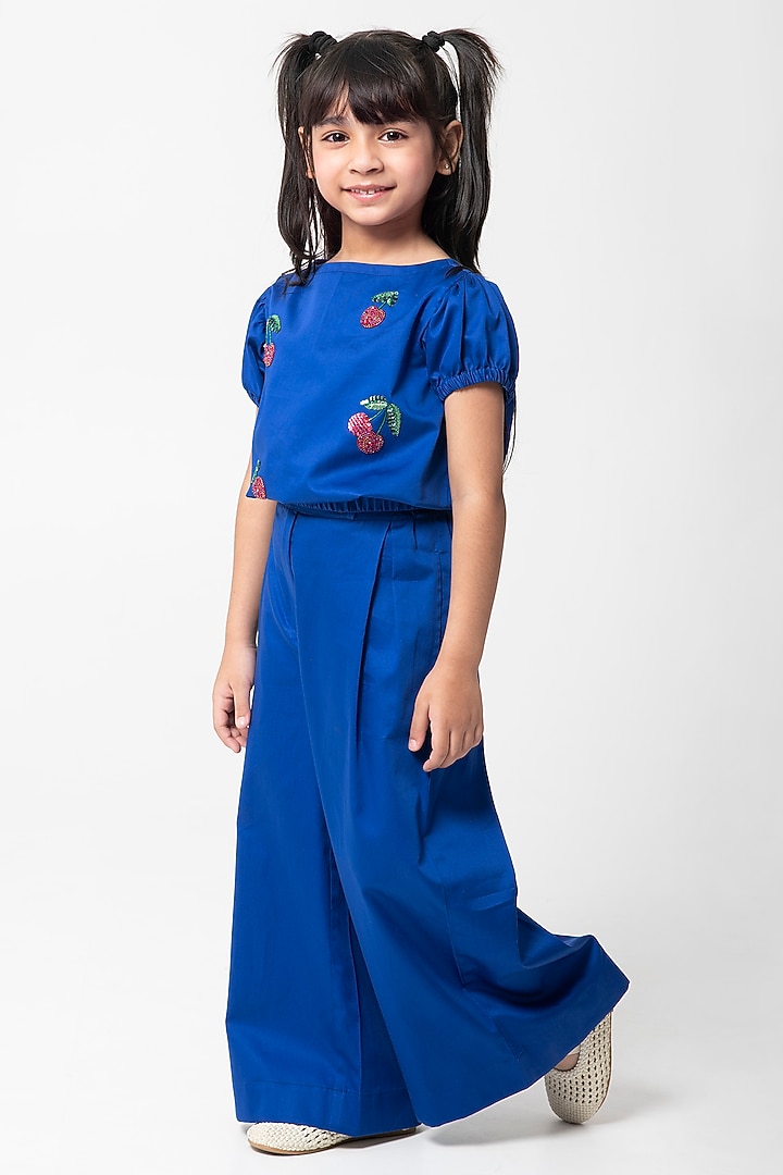 Royal Blue Cotton Satin Embroidered Co-Ord Set For Girls by Partykles at Pernia's Pop Up Shop
