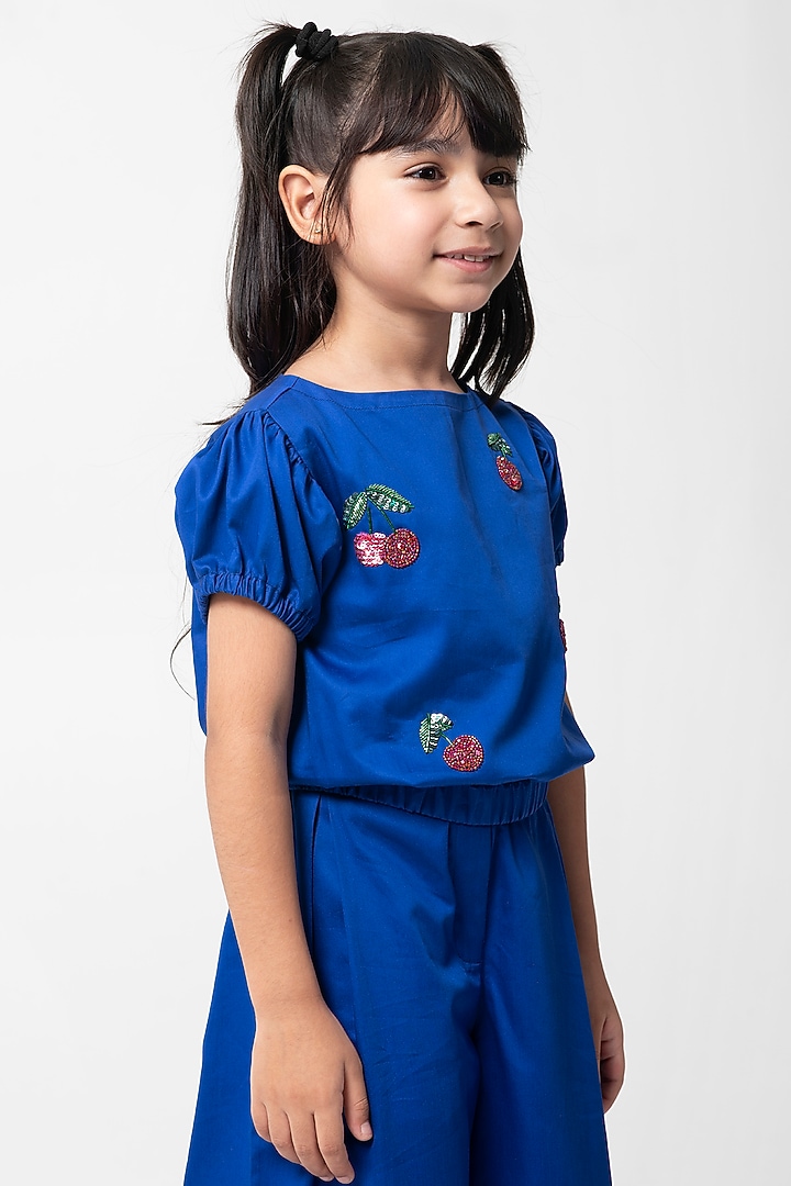 Royal Blue Cotton Satin Embroidered Co-Ord Set For Girls by Partykles at Pernia's Pop Up Shop