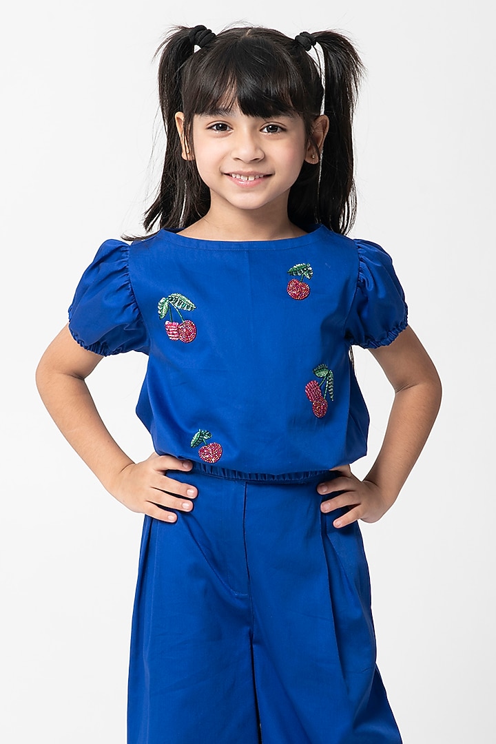 Royal Blue Cotton Satin Embroidered Co-Ord Set For Girls by Partykles at Pernia's Pop Up Shop