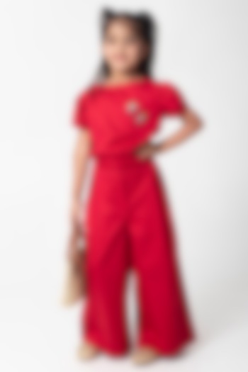Red Cotton Satin Embroidered Co-Ord Set For Girls by Partykles at Pernia's Pop Up Shop