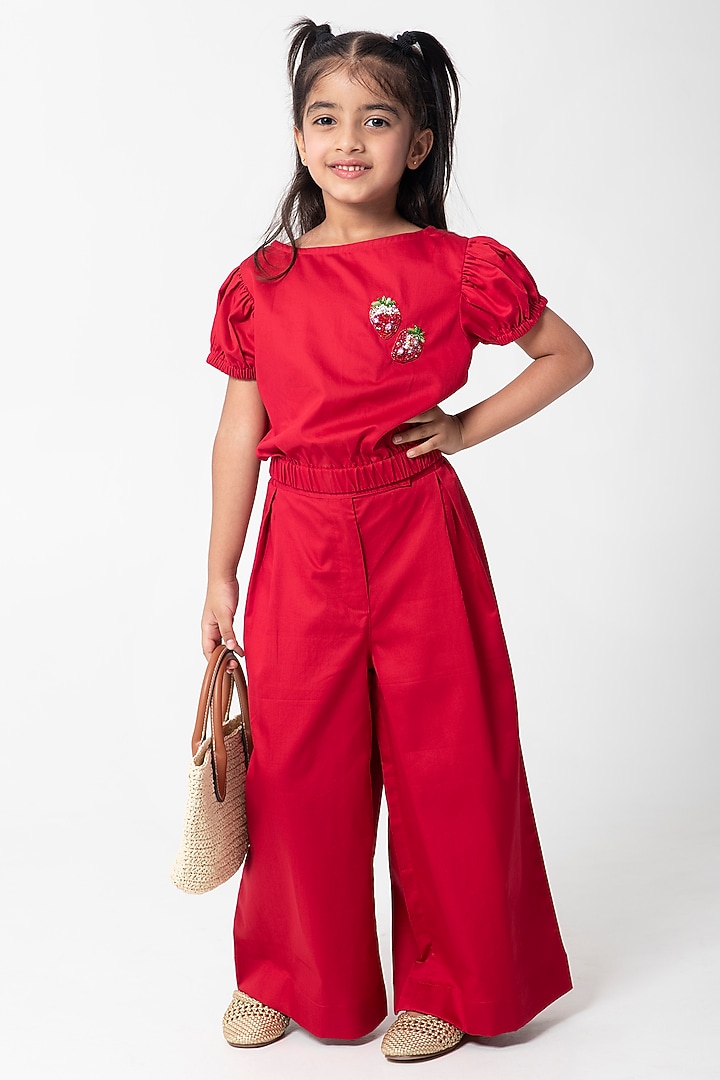Red Cotton Satin Embroidered Co-Ord Set For Girls by Partykles at Pernia's Pop Up Shop