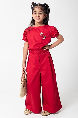 Red Cotton Satin Embroidered Co-Ord Set For Girls by Partykles