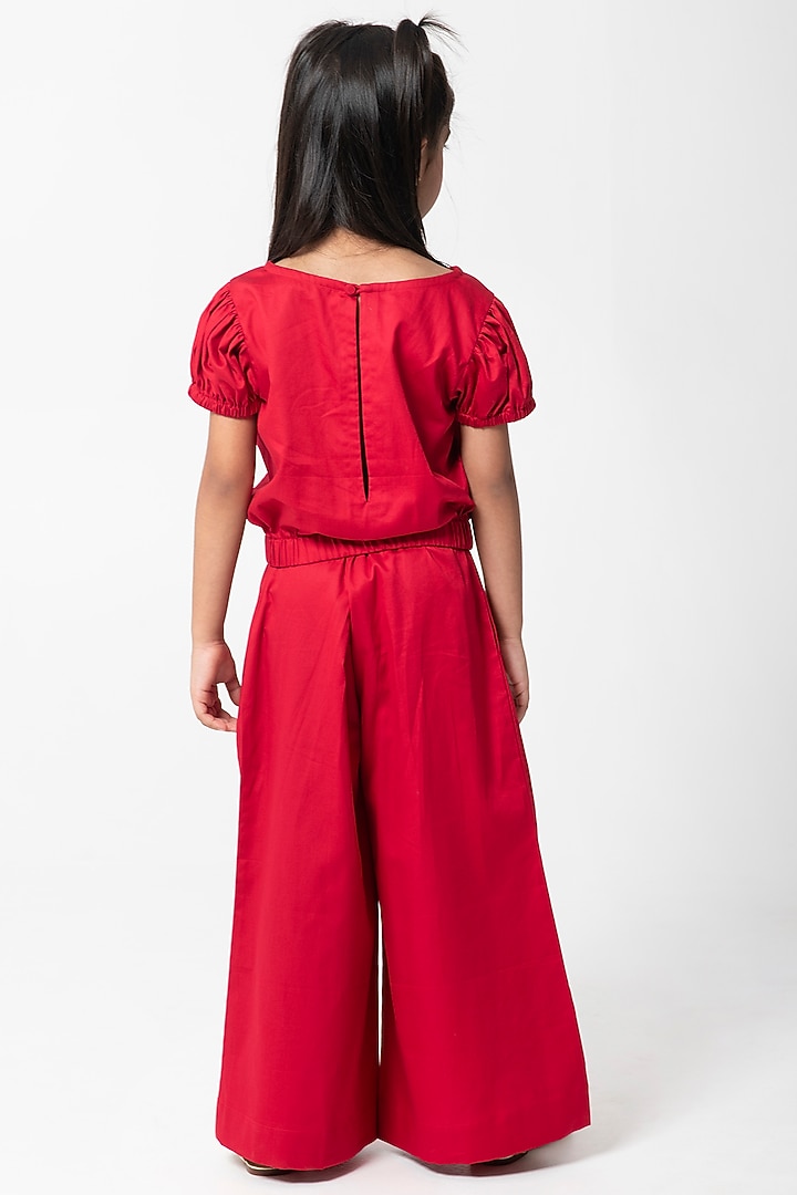 Red Cotton Satin Embroidered Co-Ord Set For Girls by Partykles at Pernia's Pop Up Shop