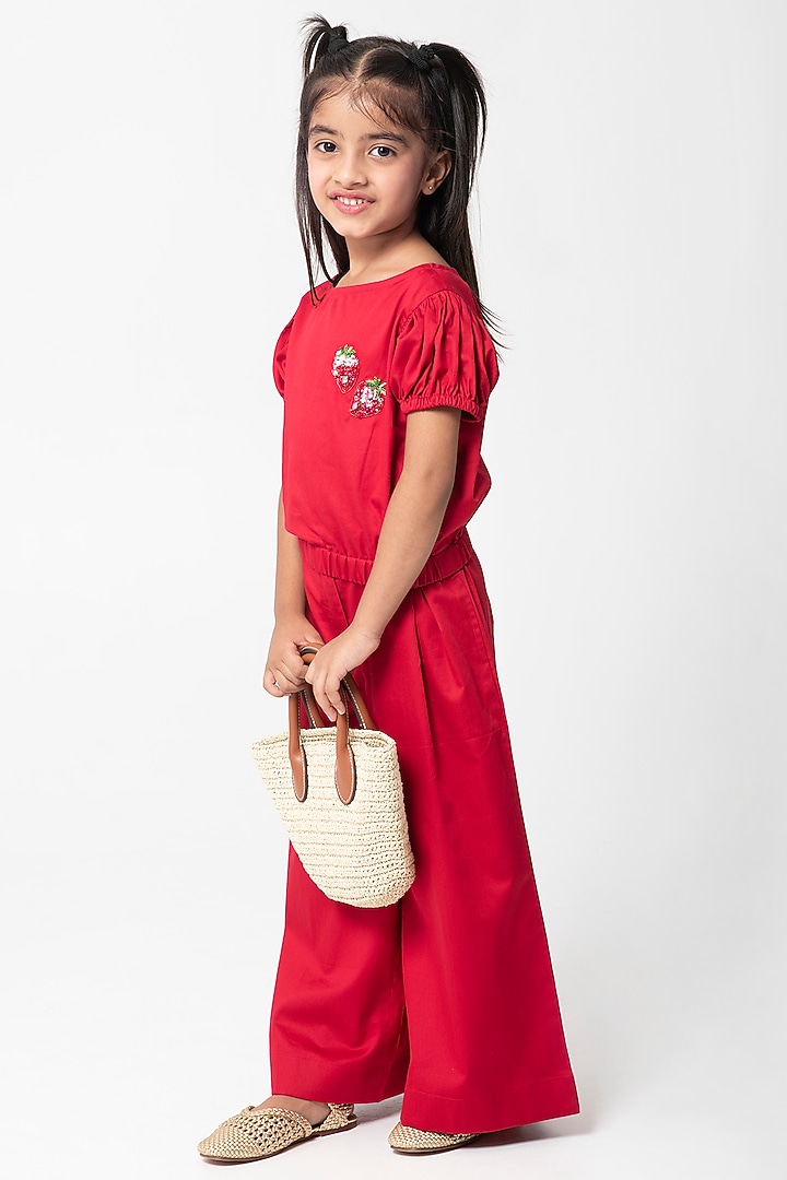 Red Cotton Satin Embroidered Co-Ord Set For Girls by Partykles at Pernia's Pop Up Shop