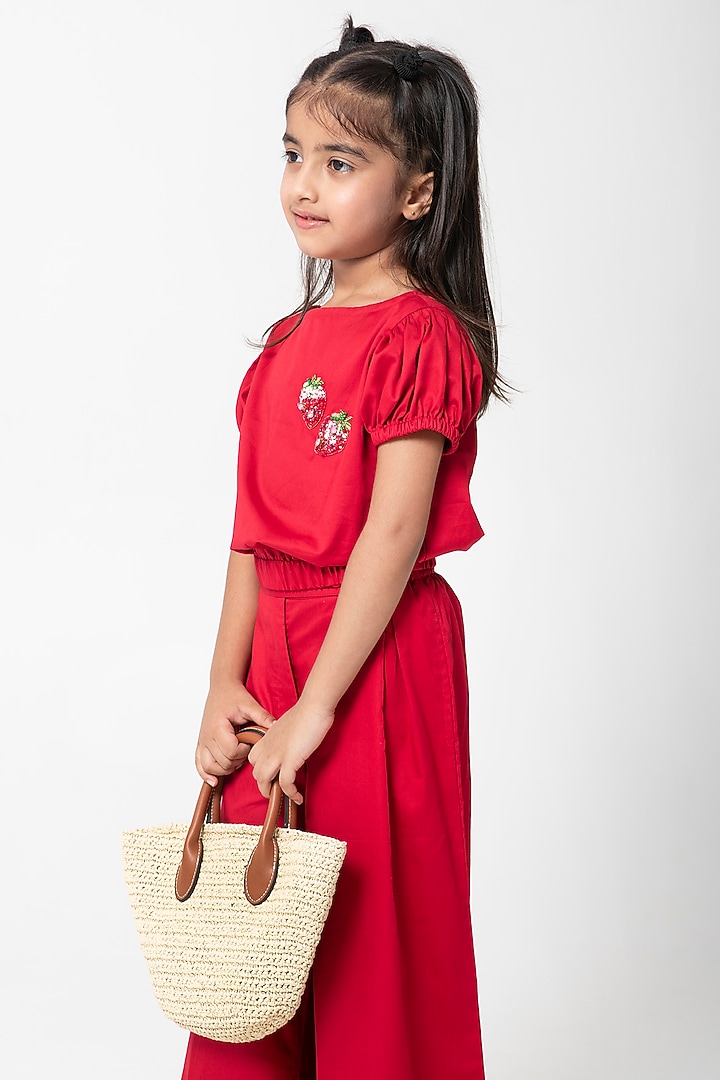Red Cotton Satin Embroidered Co-Ord Set For Girls by Partykles at Pernia's Pop Up Shop