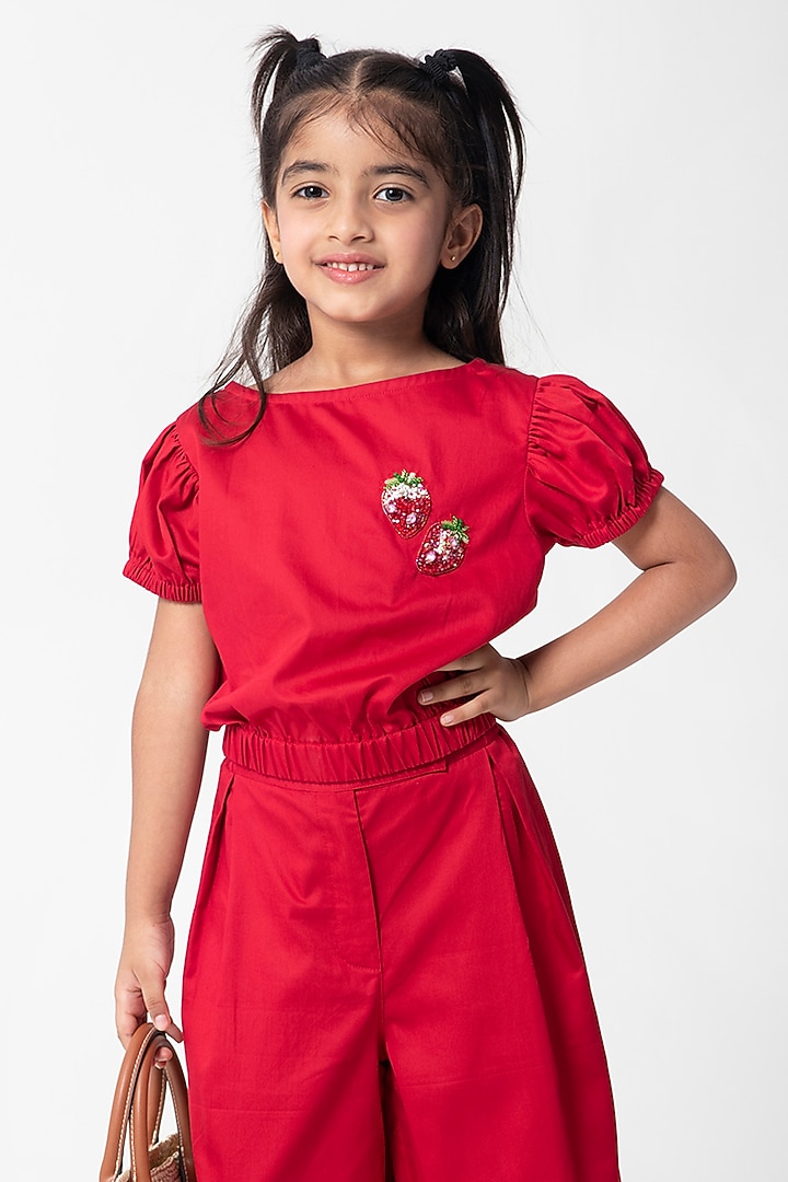 Red Cotton Satin Embroidered Co-Ord Set For Girls by Partykles at Pernia's Pop Up Shop