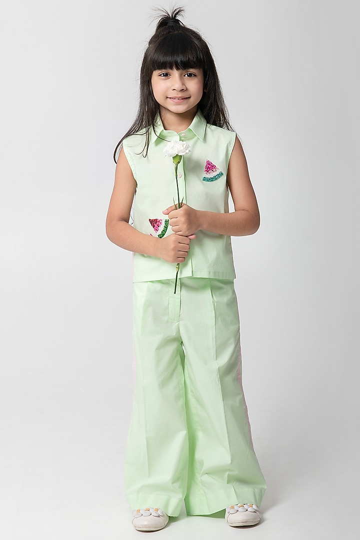 Sea Green Cotton Embroidered Co-Ord Set For Girls by Partykles at Pernia's Pop Up Shop