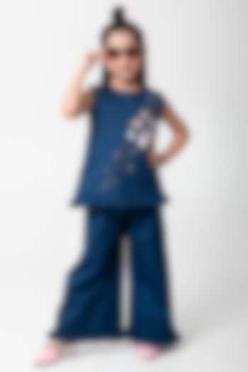 Navy Blue Cotton Satin Embroidered Co-Ord Set For Girls by Partykles at Pernia's Pop Up Shop