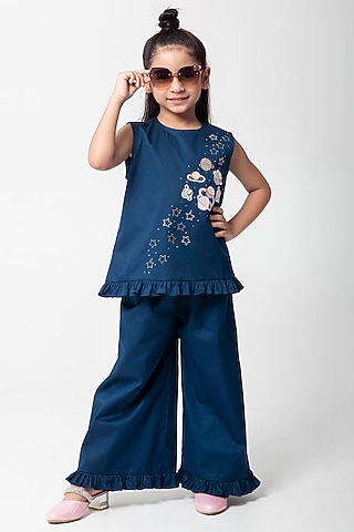 Navy Blue Cotton Satin Embroidered Co-Ord Set For Girls by Partykles