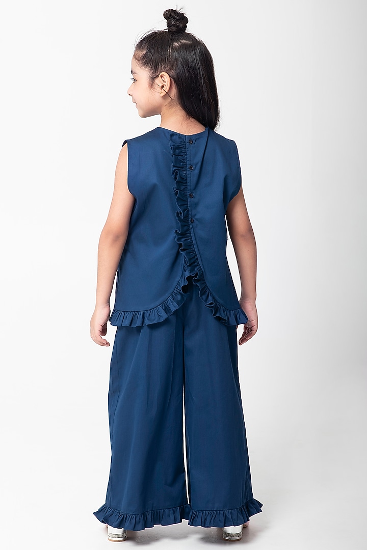 Navy Blue Cotton Satin Embroidered Co-Ord Set For Girls by Partykles at Pernia's Pop Up Shop
