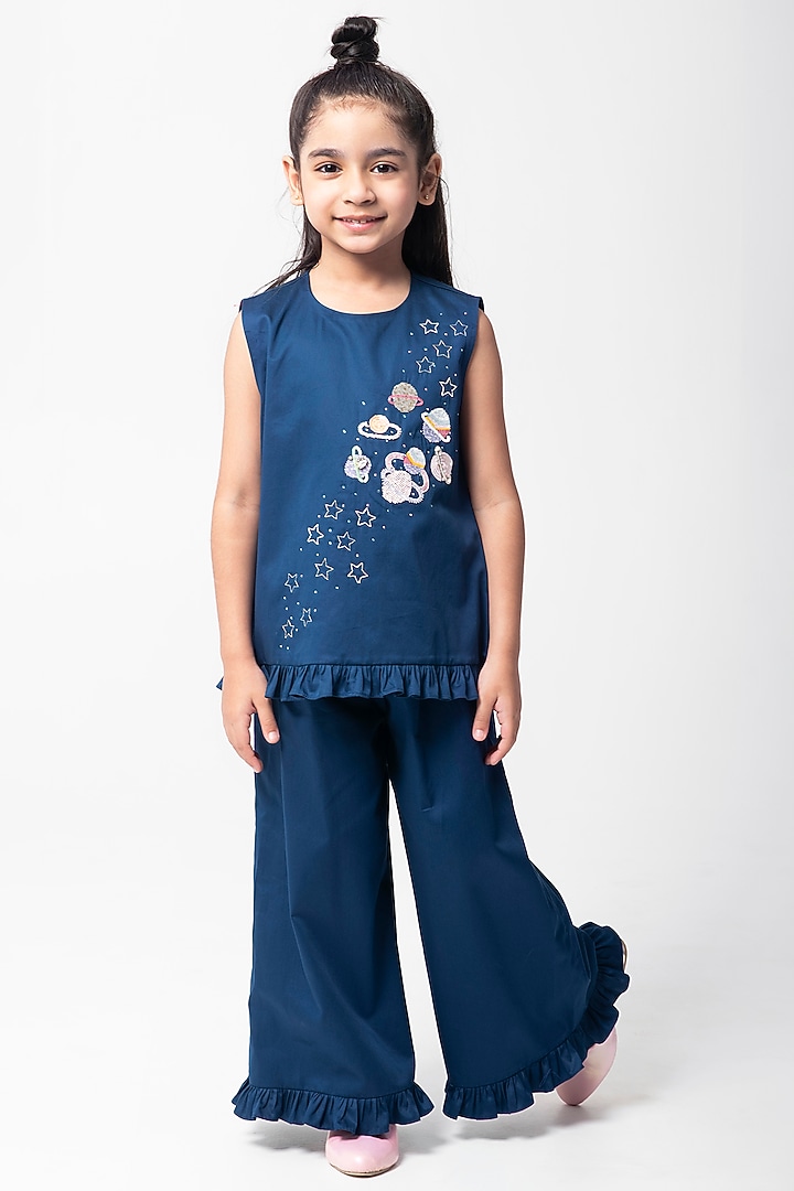 Navy Blue Cotton Satin Embroidered Co-Ord Set For Girls by Partykles at Pernia's Pop Up Shop