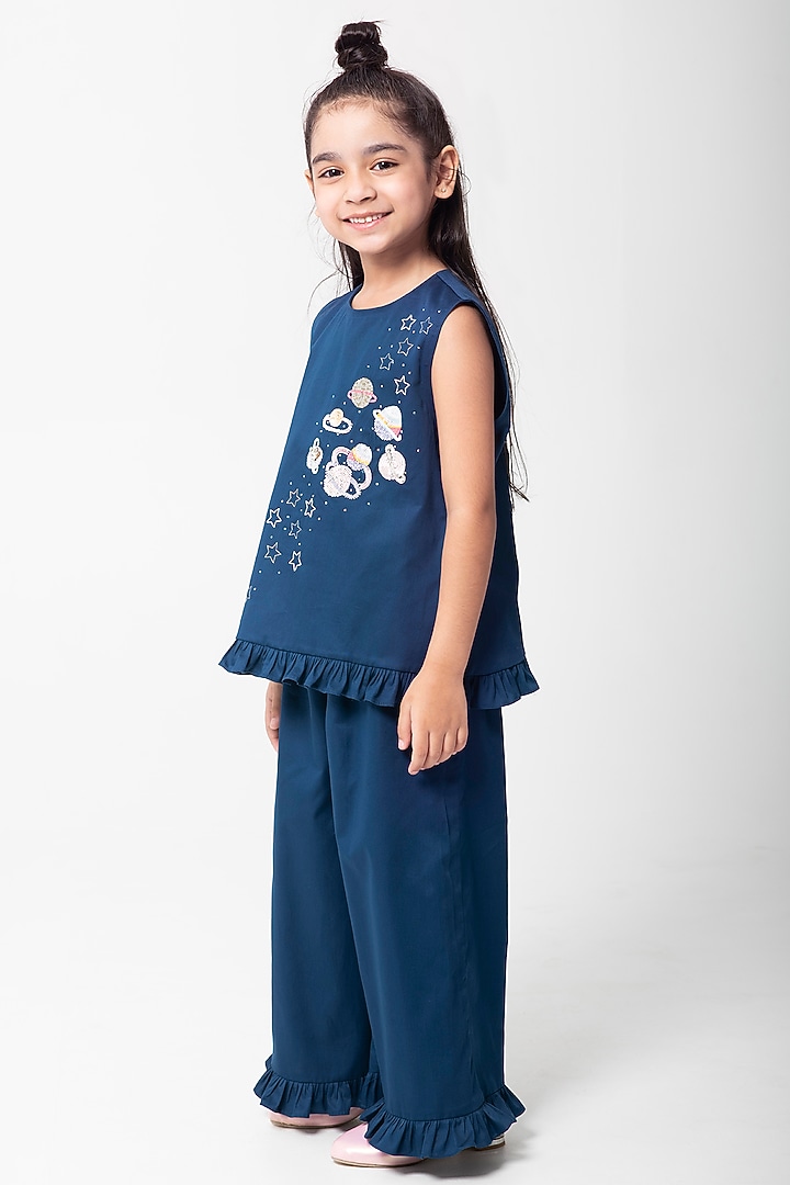 Navy Blue Cotton Satin Embroidered Co-Ord Set For Girls by Partykles at Pernia's Pop Up Shop