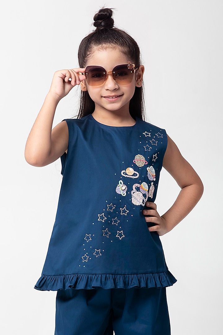 Navy Blue Cotton Satin Embroidered Co-Ord Set For Girls by Partykles at Pernia's Pop Up Shop