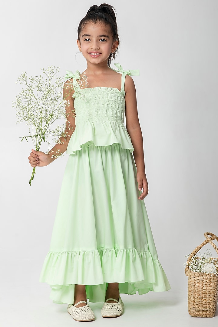 Sea Green Cotton Skirt Set For Girls by Partykles at Pernia's Pop Up Shop