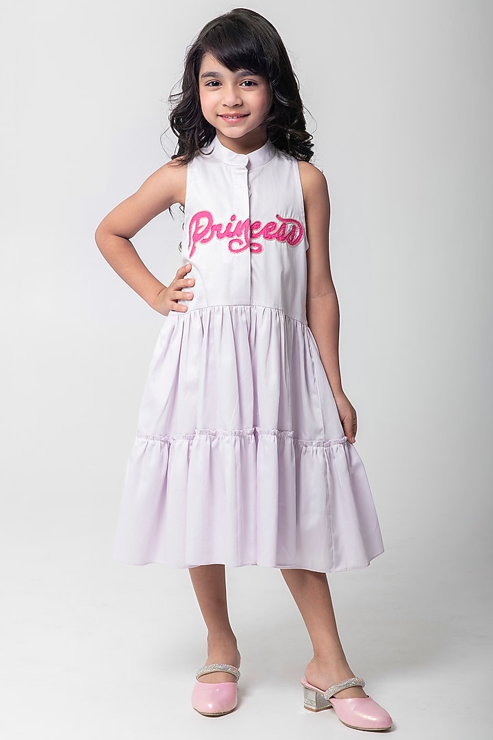 Lilac Cotton Satin Embroidered Dress For Girls by Partykles at Pernia's Pop Up Shop