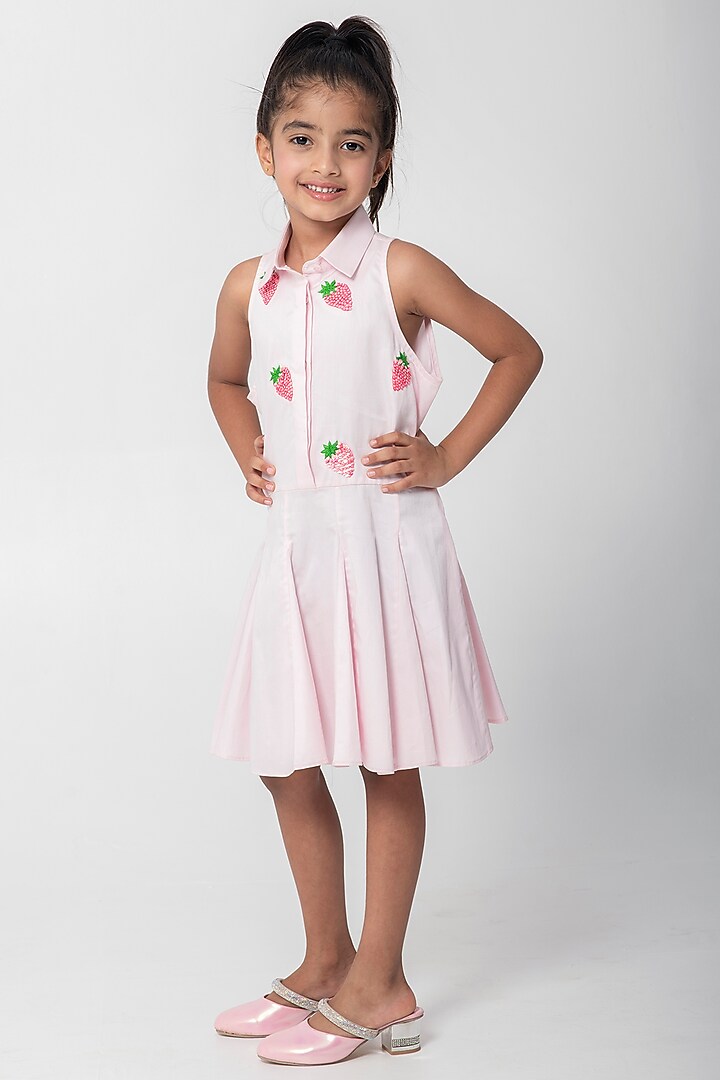 Light Pink Cotton Satin Embroidered Dress For Girls by Partykles at Pernia's Pop Up Shop