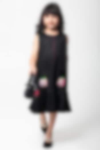 Black Cotton Satin Embroidered Dress For Girls by Partykles at Pernia's Pop Up Shop