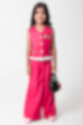 Fuchsia Pink Terry Rayon Embroidered Waistcoat Set For Girls by Partykles at Pernia's Pop Up Shop