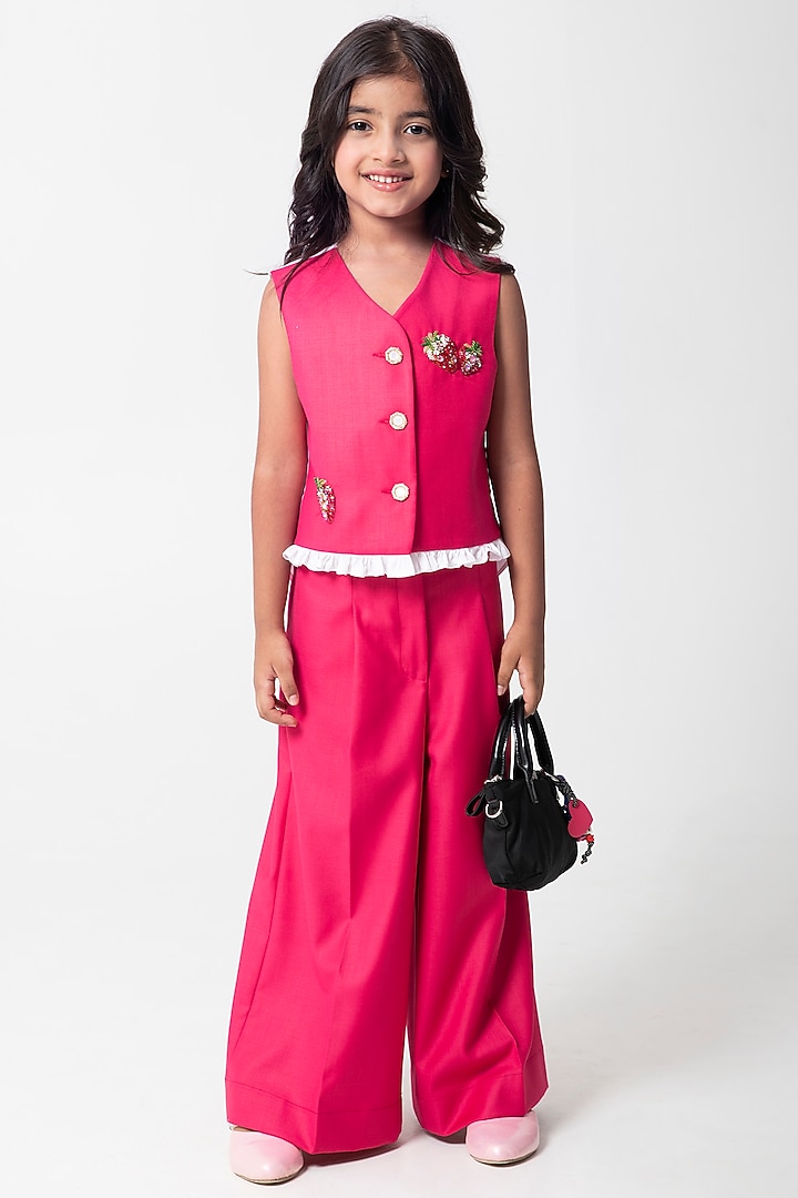 Fuchsia Pink Terry Rayon Embroidered Waistcoat Set For Girls by Partykles at Pernia's Pop Up Shop