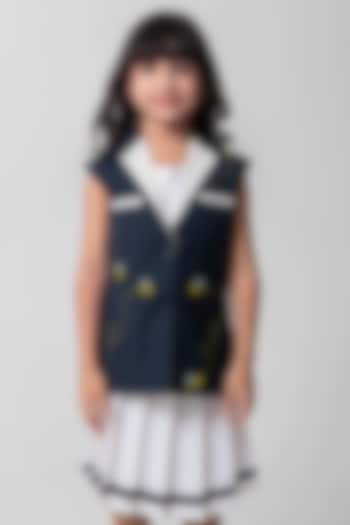 Navy Blue Terry Rayon Embroidered Waistcoat Set For Girls by Partykles at Pernia's Pop Up Shop