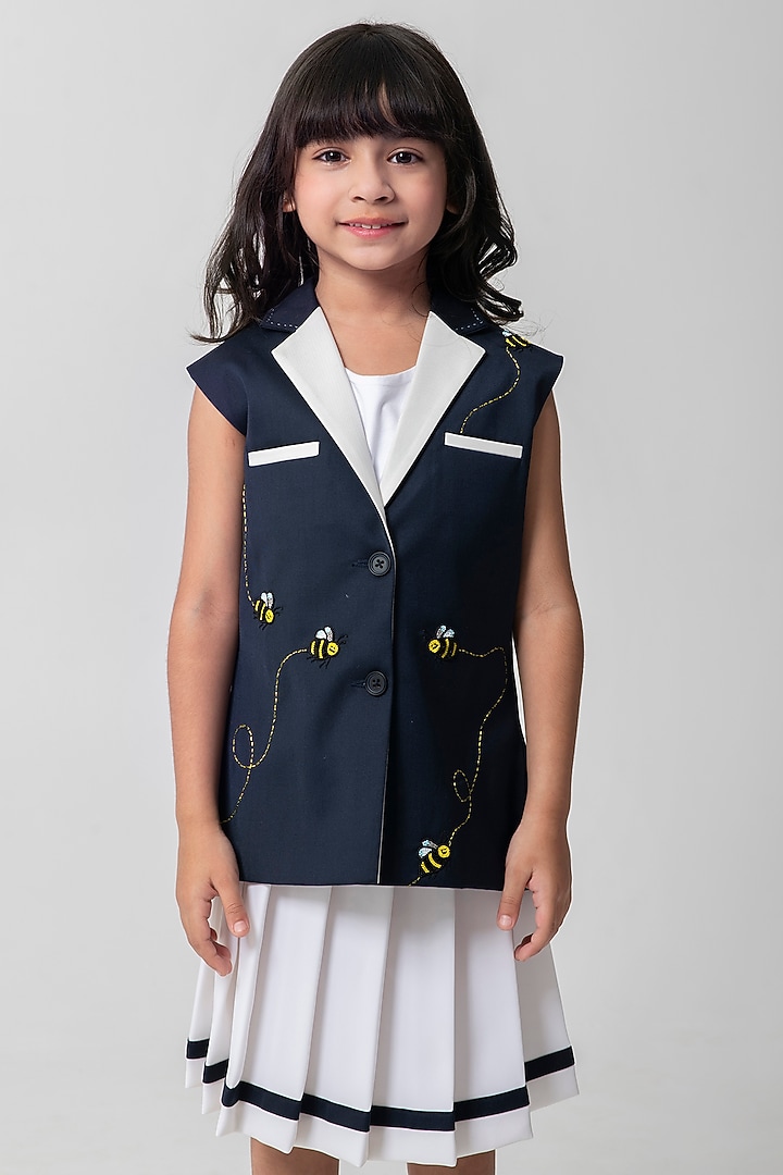 Navy Blue Terry Rayon Embroidered Waistcoat Set For Girls by Partykles at Pernia's Pop Up Shop