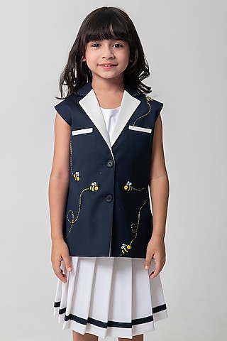 Navy Blue Terry Rayon Embroidered Waistcoat Set For Girls by Partykles