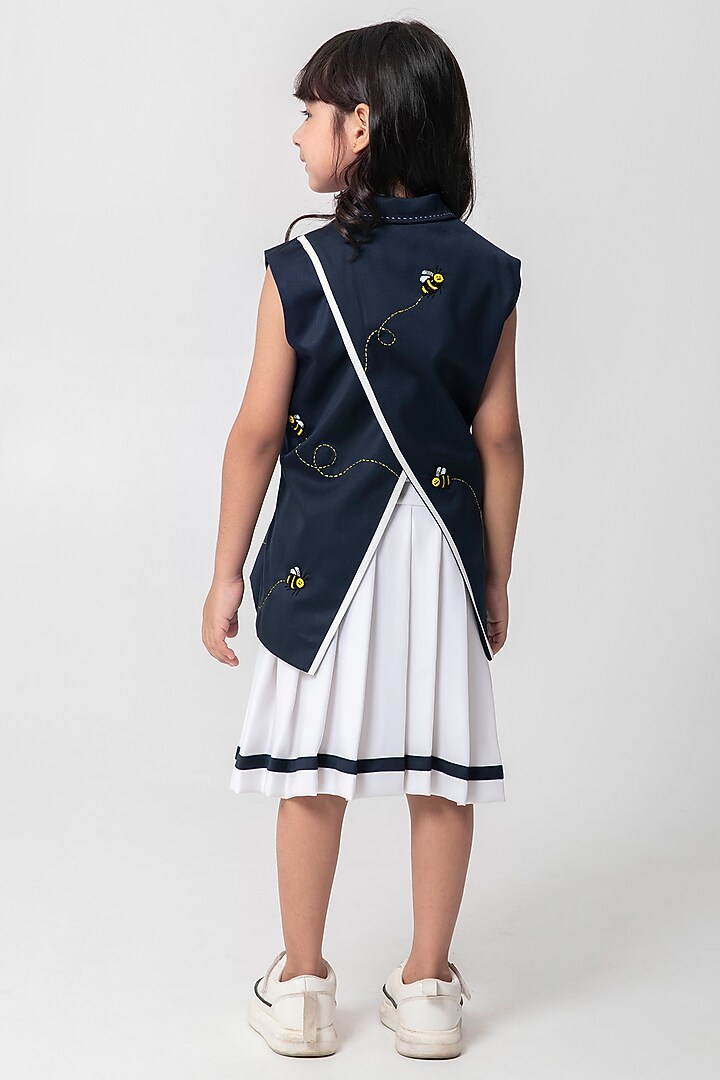 Navy Blue Terry Rayon Embroidered Waistcoat Set For Girls by Partykles at Pernia's Pop Up Shop