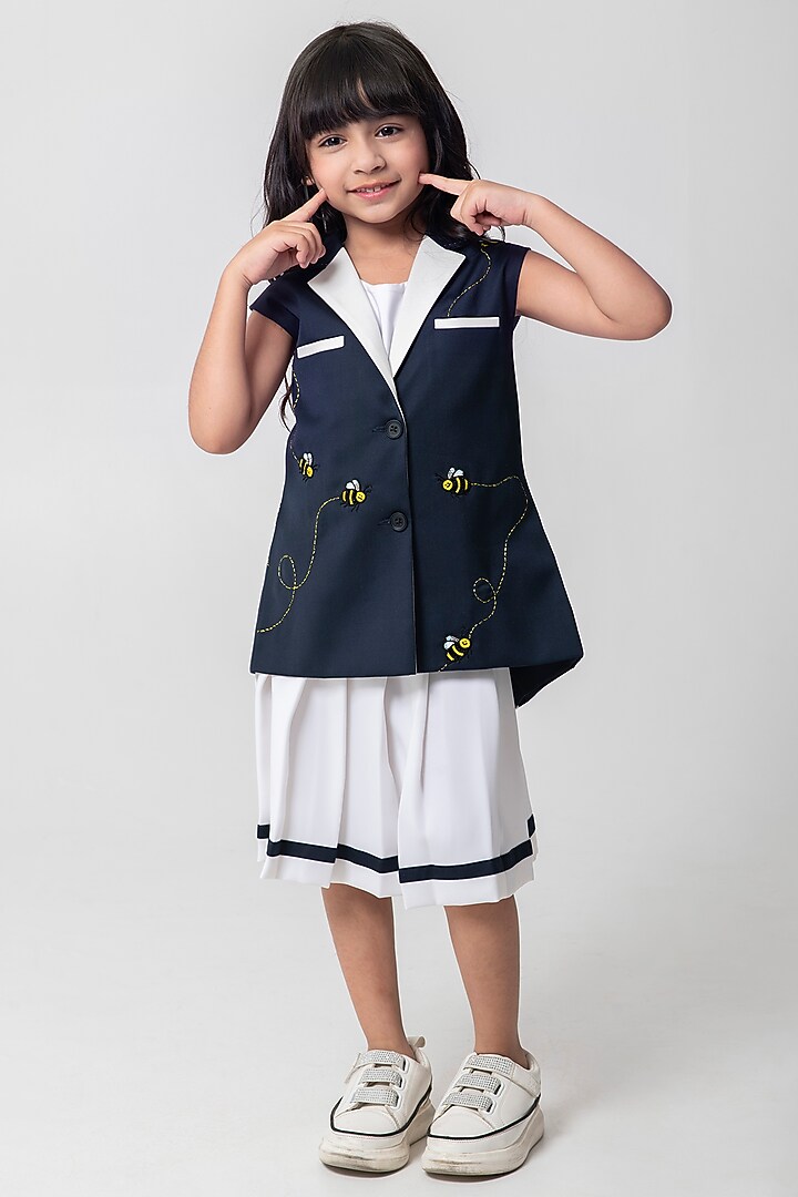 Navy Blue Terry Rayon Embroidered Waistcoat Set For Girls by Partykles at Pernia's Pop Up Shop