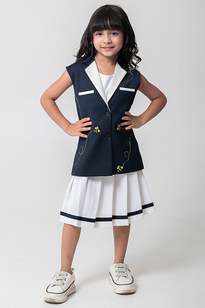 Navy Blue Terry Rayon Embroidered Waistcoat Set For Girls by Partykles at Pernia's Pop Up Shop