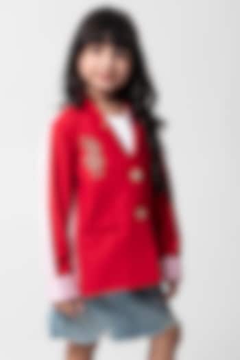 Red Terry Rayon Embroidered Blazer For Girls by Partykles at Pernia's Pop Up Shop