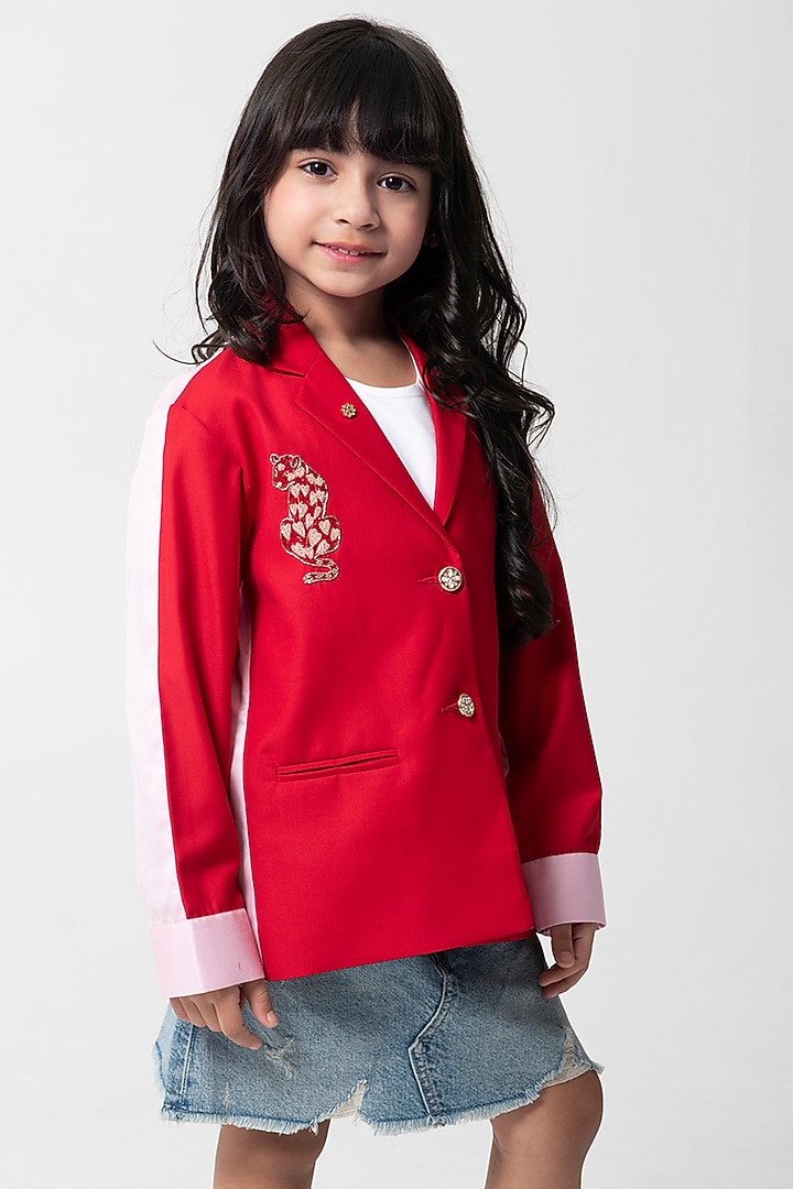Red Terry Rayon Embroidered Blazer For Girls by Partykles at Pernia's Pop Up Shop