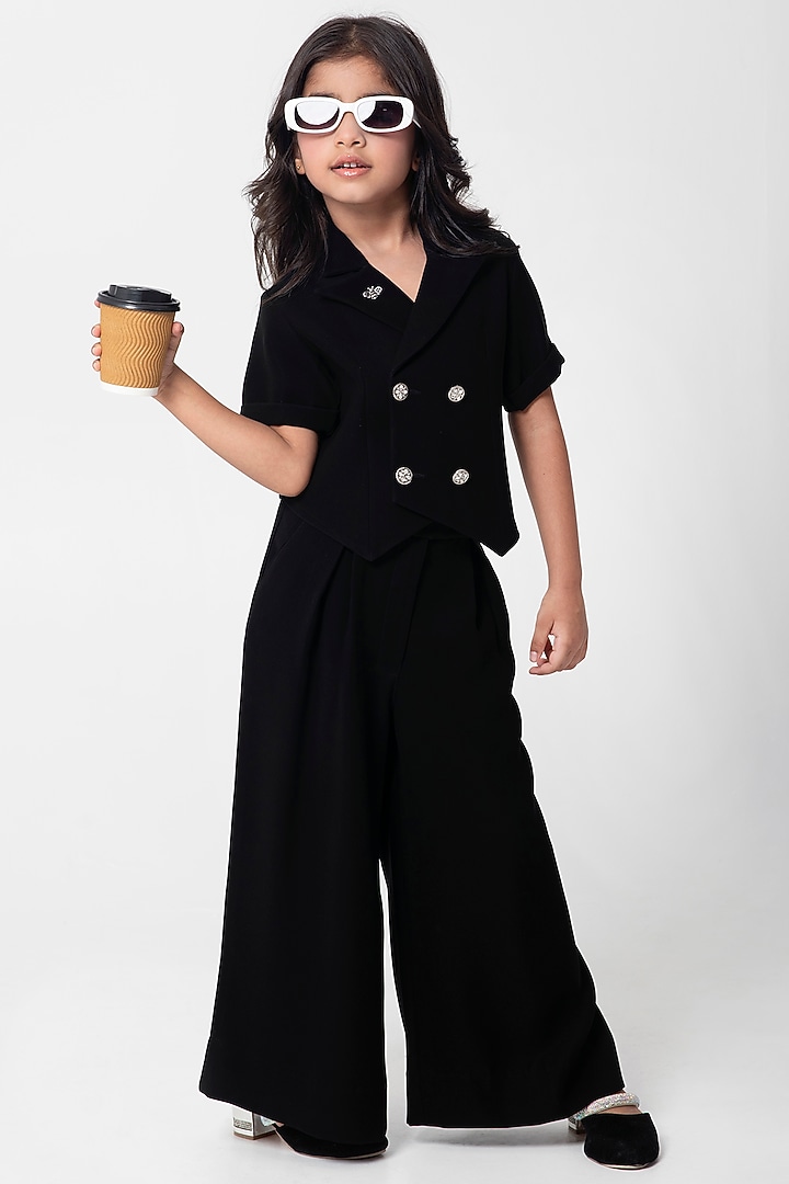Black Polyester Waistcoat Set For Girls by Partykles at Pernia's Pop Up Shop