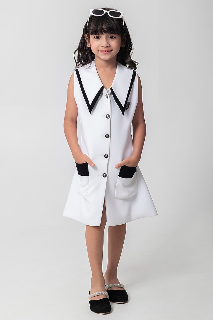 White & Black Polyester Embellished Blazer Dress For Girls by Partykles at Pernia's Pop Up Shop