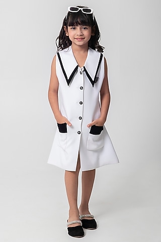 White & Black Polyester Embellished Blazer Dress For Girls by Partykles