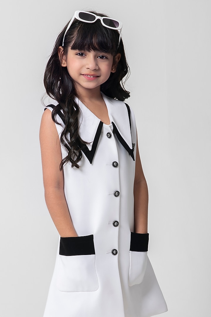 White & Black Polyester Embellished Blazer Dress For Girls by Partykles at Pernia's Pop Up Shop