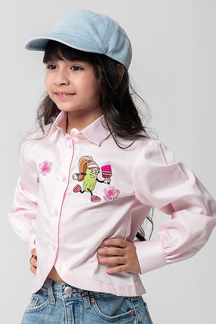 Pink Cotton Satin Shirt For Girls by Partykles at Pernia's Pop Up Shop