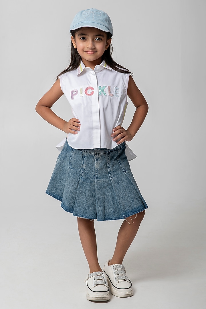 White Cotton Satin Embroidered Shirt For Girls by Partykles at Pernia's Pop Up Shop