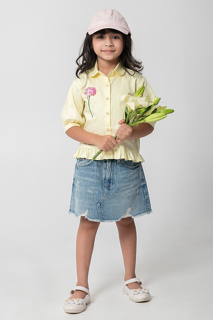 Pastel Yellow Cotton Satin Embroidered Shirt For Girls by Partykles at Pernia's Pop Up Shop