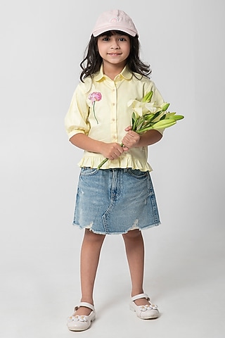 Pastel Yellow Cotton Satin Embroidered Shirt For Girls by Partykles
