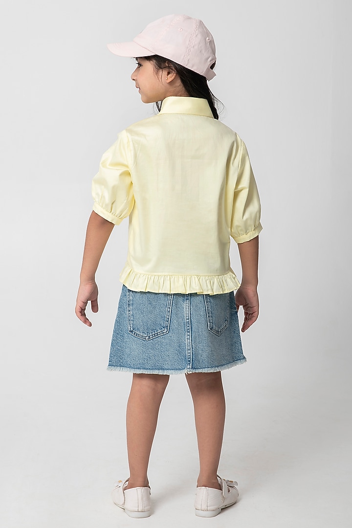 Pastel Yellow Cotton Satin Embroidered Shirt For Girls by Partykles at Pernia's Pop Up Shop