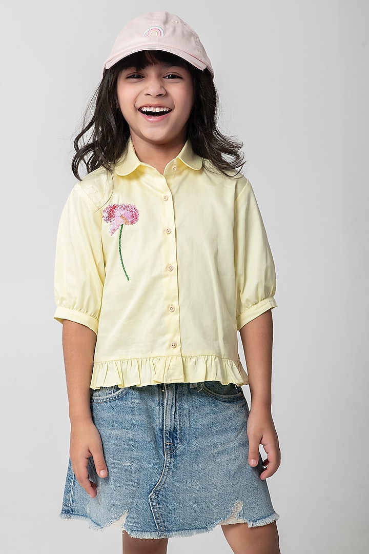 Pastel Yellow Cotton Satin Embroidered Shirt For Girls by Partykles at Pernia's Pop Up Shop