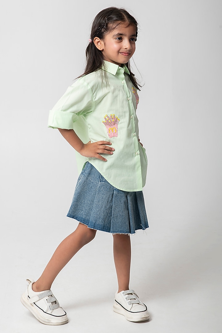 Sea Green Cotton Satin Embroidered Shirt For Girls by Partykles at Pernia's Pop Up Shop