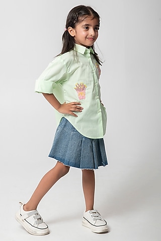 Sea Green Cotton Satin Embroidered Shirt For Girls by Partykles